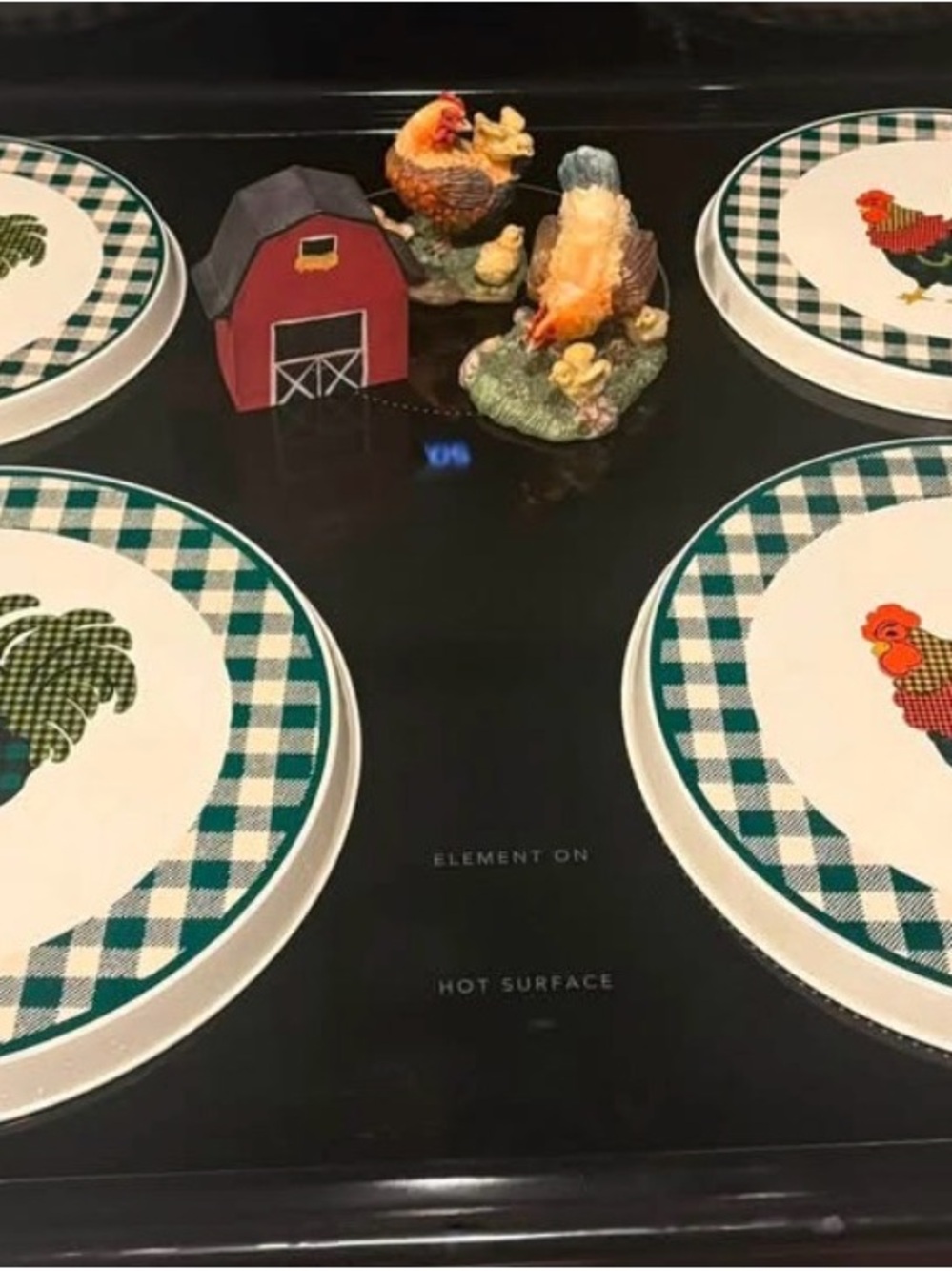 Green Plaid Rooster Metal Burner Covers - Farmhouse Kitchen